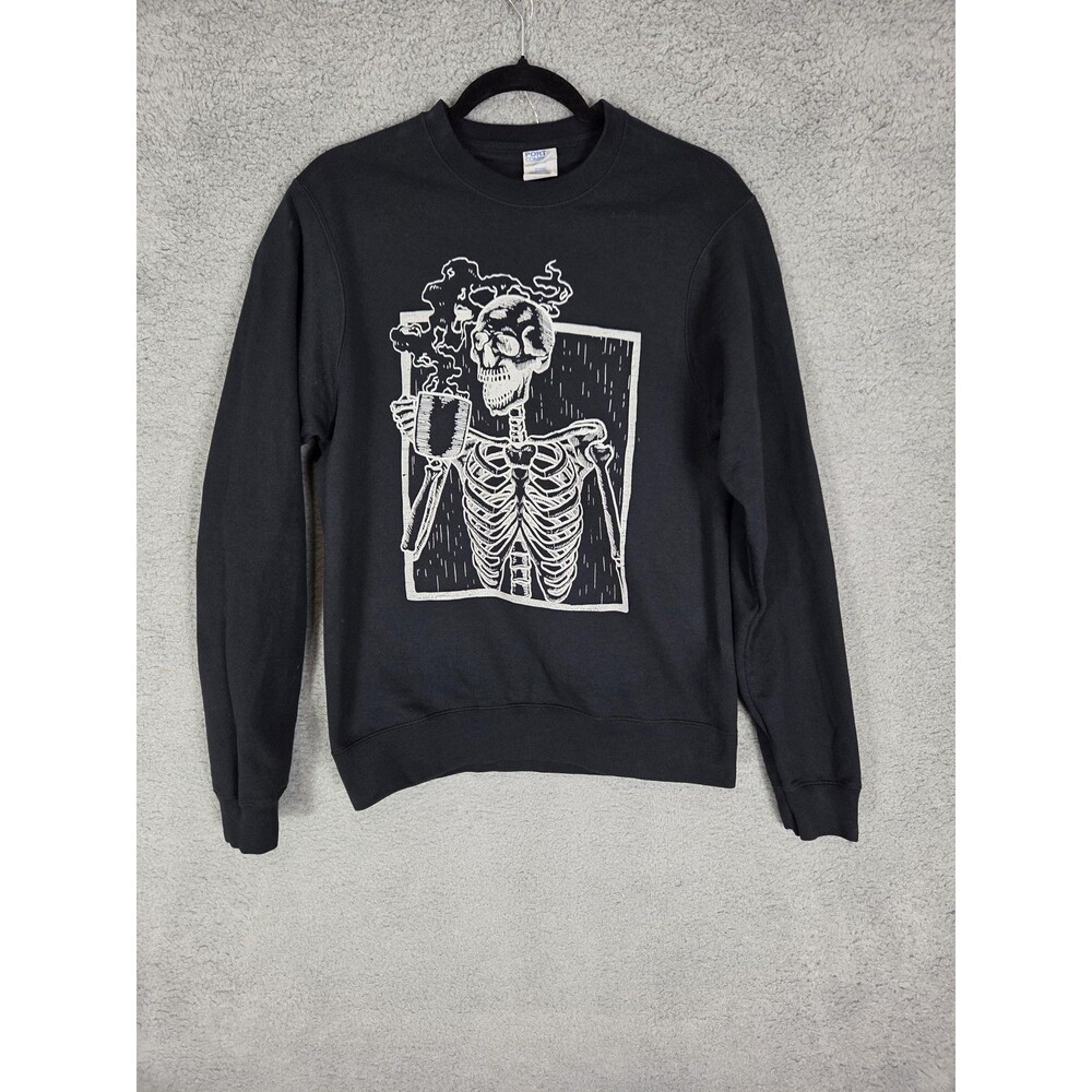 Port & Company‎ Sweatshirt S Black Crewneck Skeleton Coffee Graphic Dark Goth